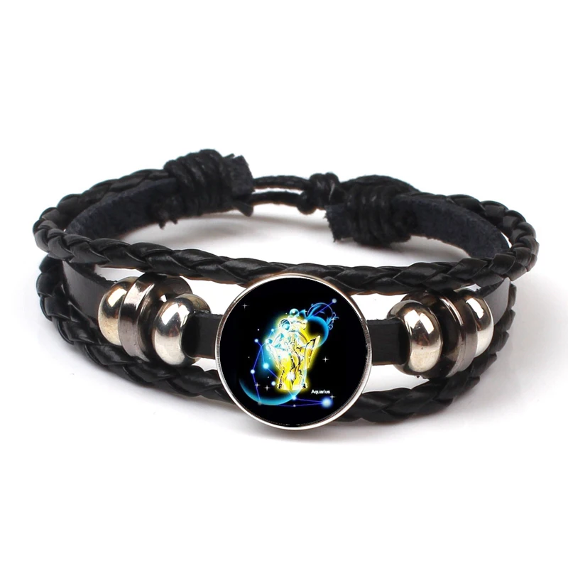 Retro New 12 Constellation Gemini Sagittarius Libra Punk Bracelet Leather Bracelet Charm Bracelet Men Women Girl Jewelry Gifts