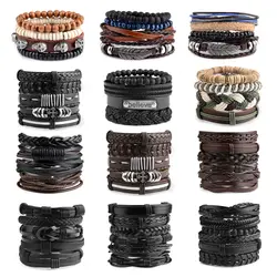 Viking Gothic Lederen Armband Meerlagig Vinatge Mannen Armbanden Lederen Punk Combinatie Armband Voor Mannen Sieraden