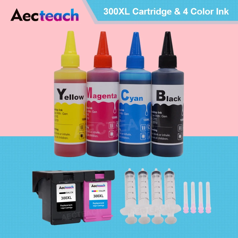 Aecteach Remanufacture Ink Cartridge for HP 300XL for HP Deskjet F2480 F2492D1660 D2560 D5560 Printers + 400ml Printer Ink