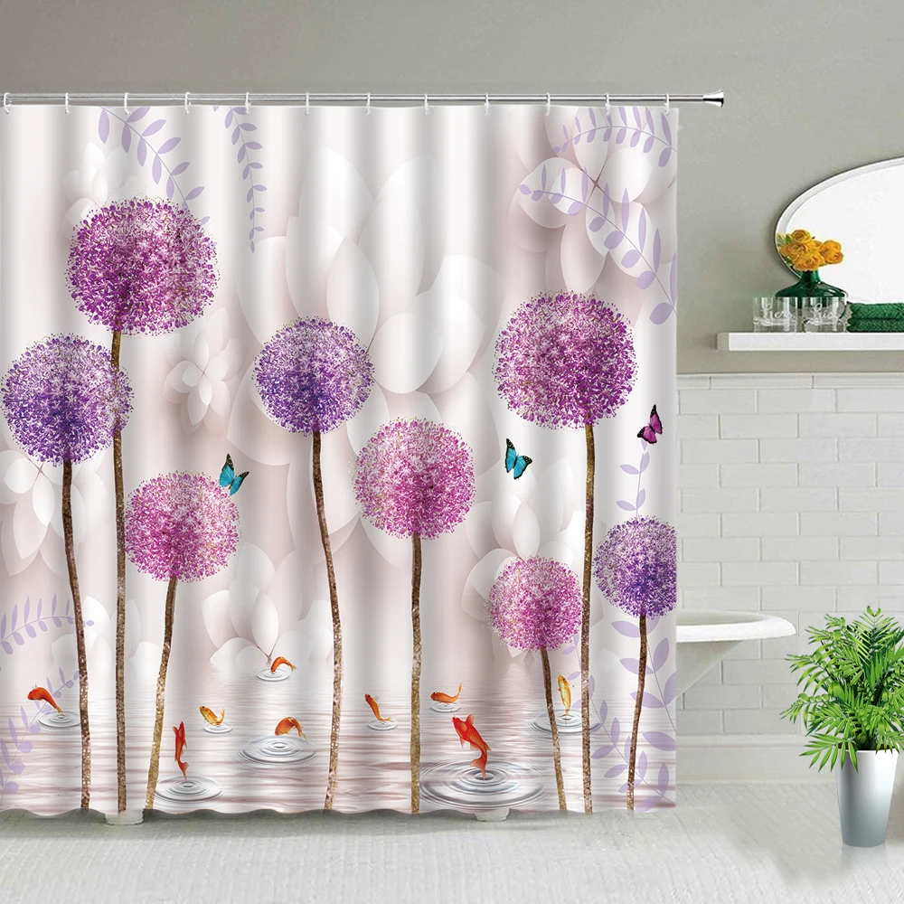 Cortinas de ducha de flores y plantas 3D, estampado de flores de diente de león púrpura Simple, poliéster, decoración del hogar, cortina de baño impermeable