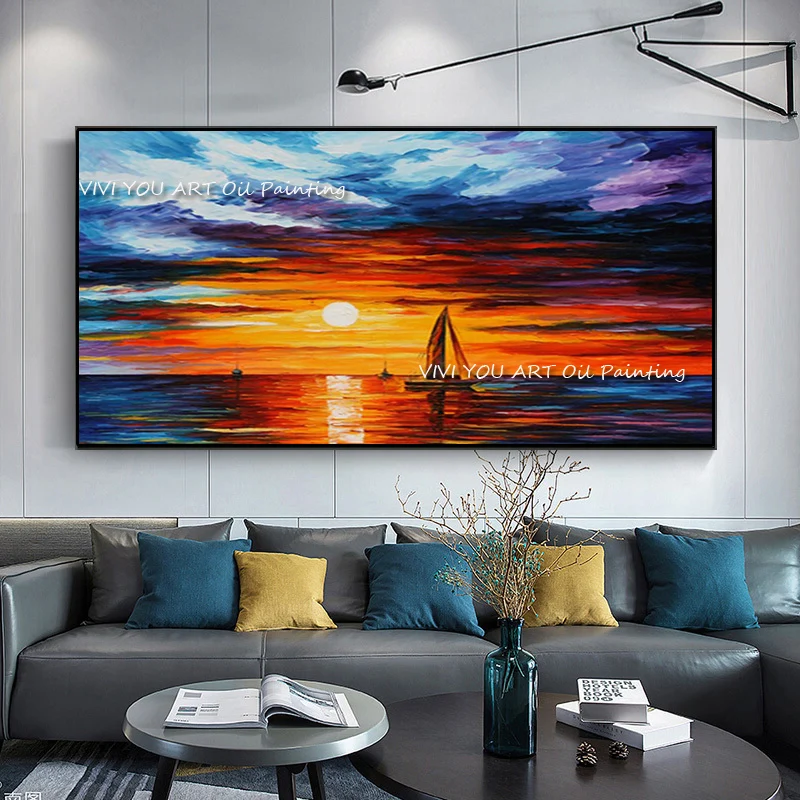 The Best Selling Colorful Sea Modern Handmade Abstract Thick Oil Painting On Canvas Painting Wall Art Seascape Home Decor Ship