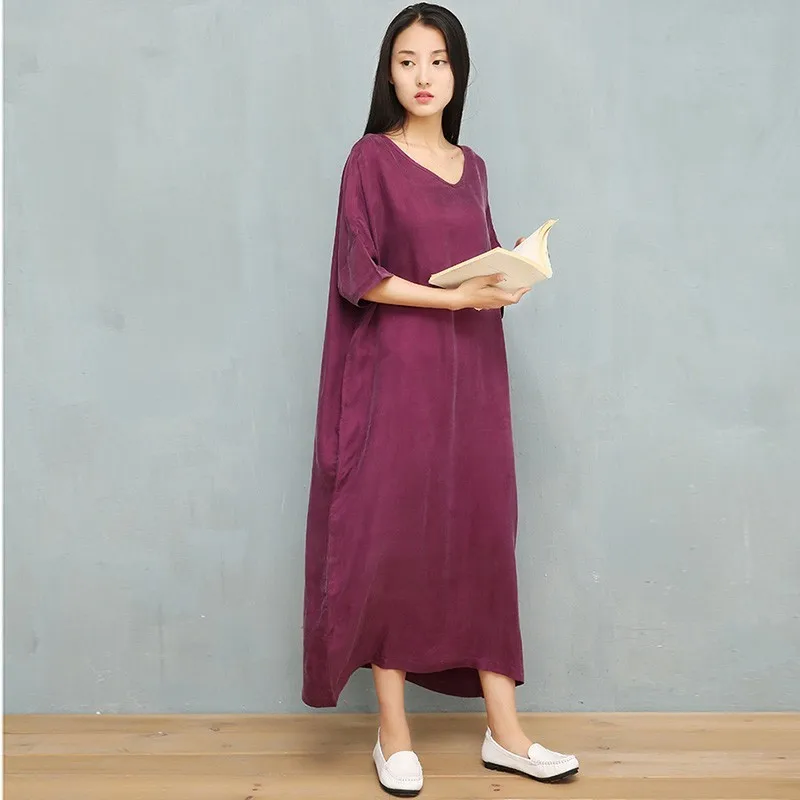 

NINI WONDERLAND Summer Dress Female Cupro And Silk Classic Dress 2021 Women V Neck Batwing Sleeve Loose Dresses Brief Large Size