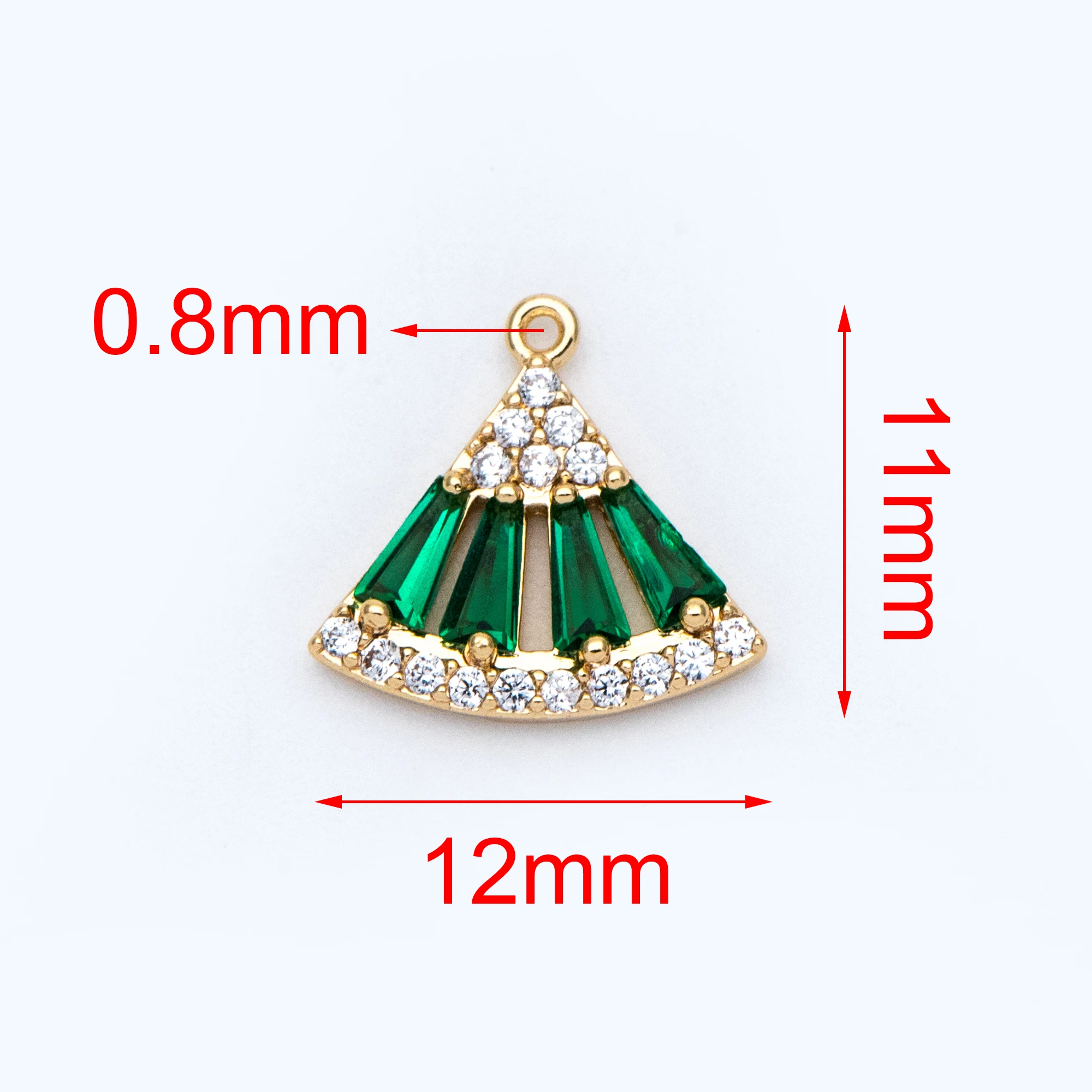 4pcs CZ Paved Fan Shaped Charms, Real Gold Plated Brass Green Rhinestone Geometric Pendants For Jewelry Making Findings (GB-712)