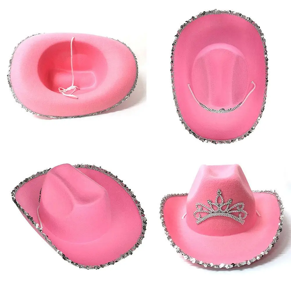 Rhinestone Crown Feather Panama Pink Cowboy Cowgirl Hat for Women Girls Chapeau Cowboy Hats Caps sombrero de vaquero mujer