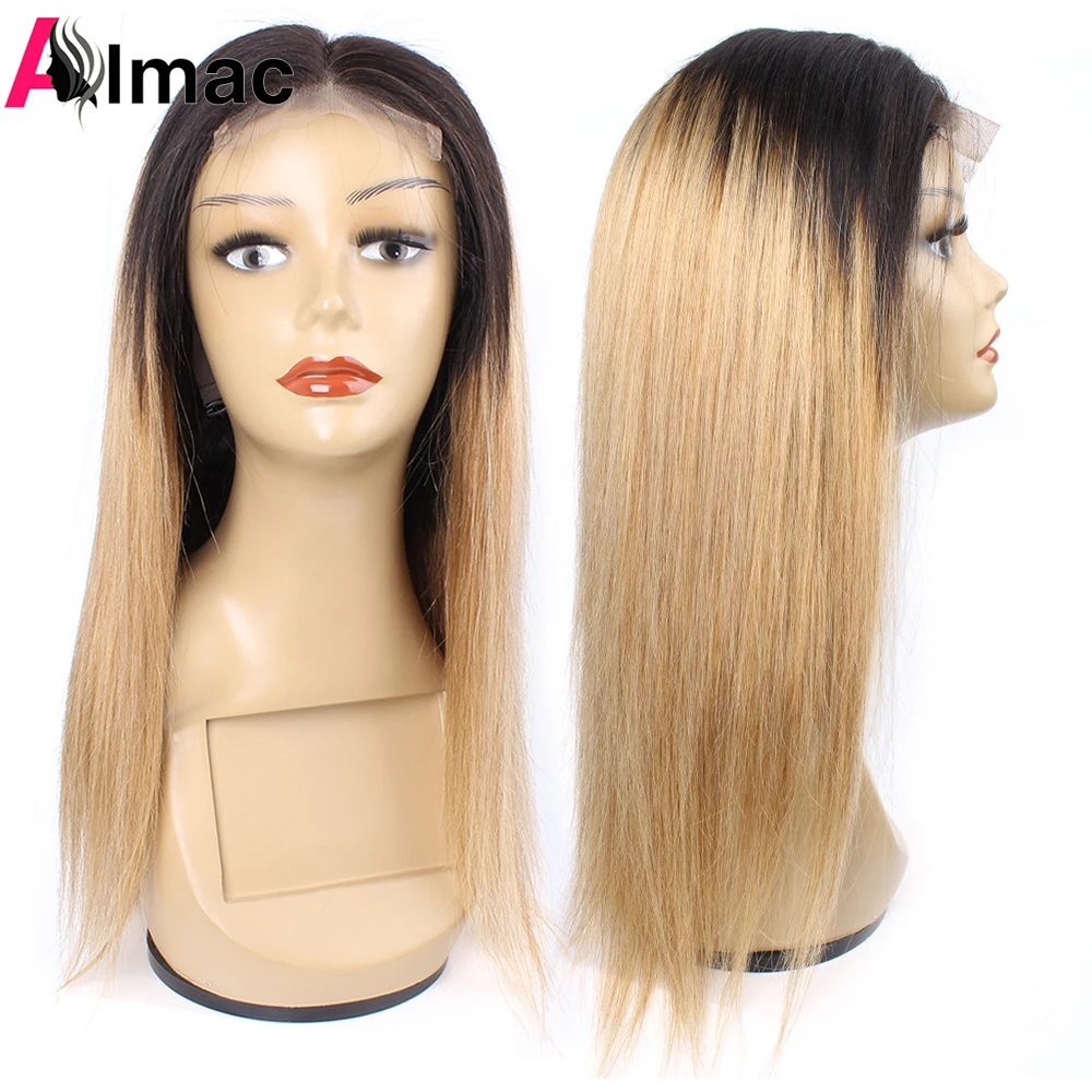 1B27/30 Straight 4X4 Vetersluiting Pruik Ombre Honey Blonde 4*1 T Midden Deel Kant pruik Indian Remy Menselijk Haar Pre Geplukt 150%