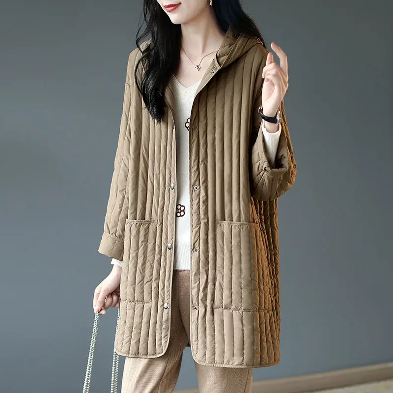 White Duck Down Striped Hooded Mid-length Jacket Women Casual Warm Down Jacket Women 2021 Winter New Simple Loose Coat  L2547