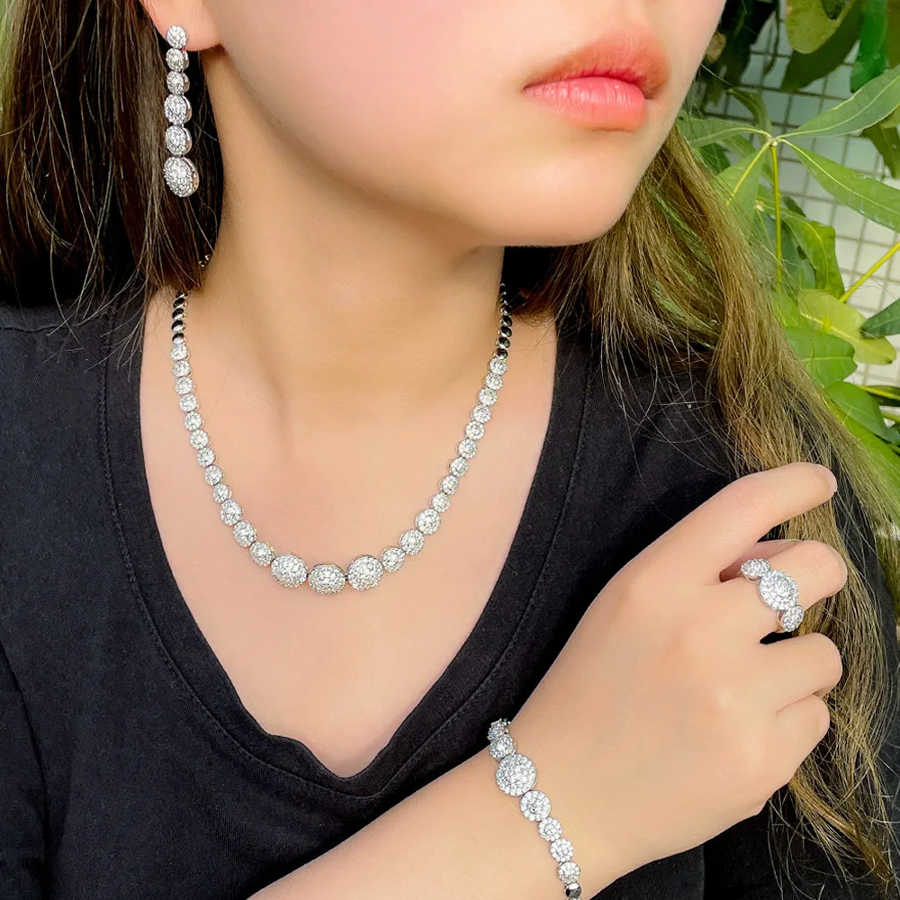 Pera Charming Round Cubic Zirconia Link Chain Bracelet Ring Choker Necklace Earrings Wedding Party Jewelry Sets for Brides J174