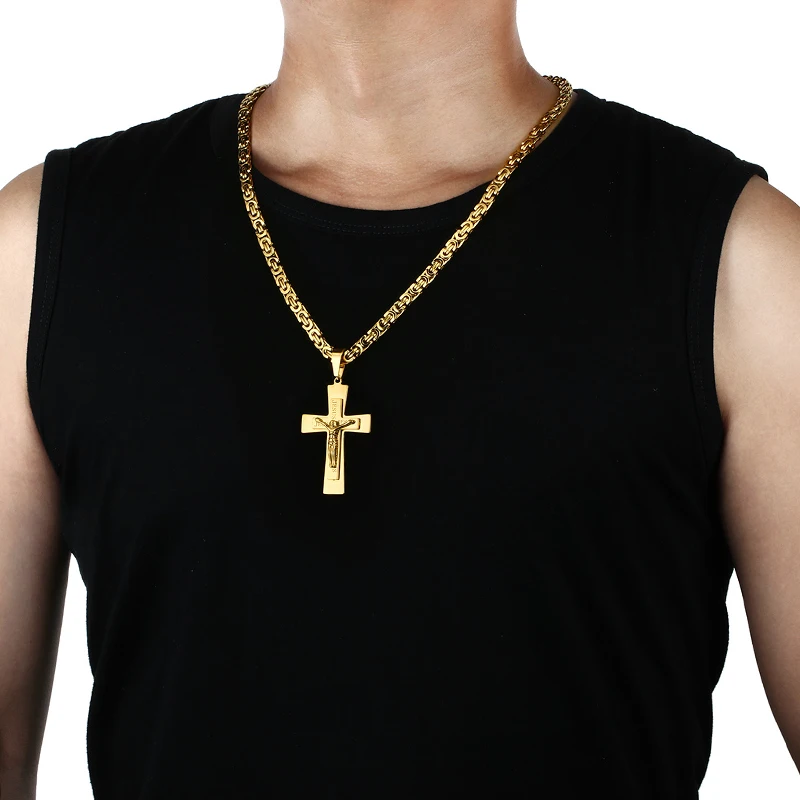 Catholic Jesus Christ Cross Pendant Necklace Stainless Steel Long Byzantine Chain Crucifix Cross Necklace