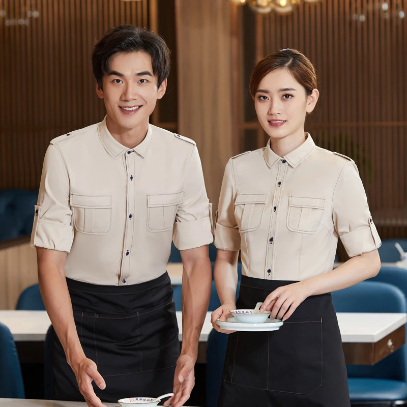 

2024 Hotel Waiter Overalls Female Long Sleeve Work Shirt+Apron Set Catering Shop Waitress Uniform With Apron Hotpot Workwear