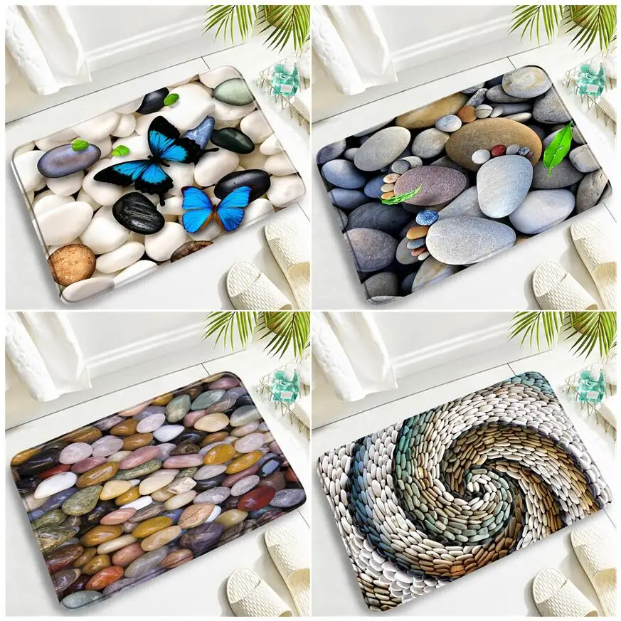 Colored Stones Pebble Door Mat Home Decor Blue Butterfly Creative Design Bathroom Non-slip Carpet Toilet Cover Rug Bath Mats Set