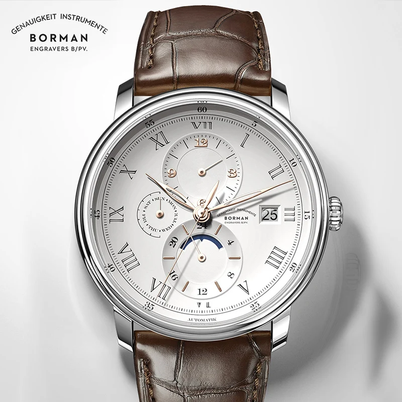 BORMAN mens automatic watch brand luxury self wind mechanical wristwatch leather watches dress relogio masculino week,month,date