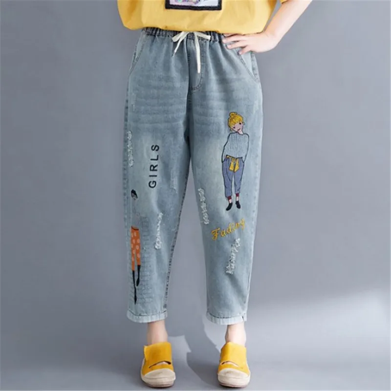 

Embr Oidered Nine-Cent Jeans For Women In Summer With Loose Holes And Elastic Waist Do Old Casual Joker Retro Halon Trousers