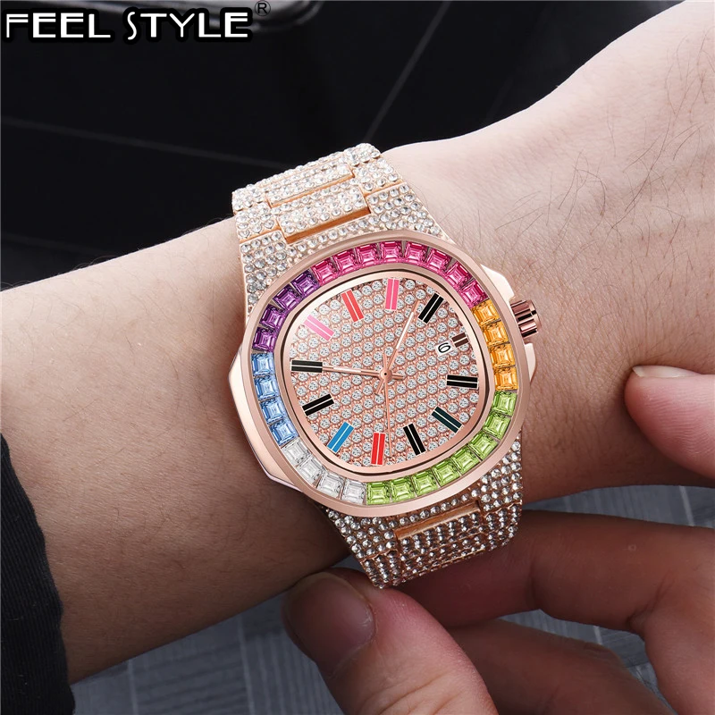 

Hip Hop Full 1Row Iced Out Gold Color Watches Luxury Date Quartz Wrist Watches Stainless Steel Watch For Women Men Jewelry Gift