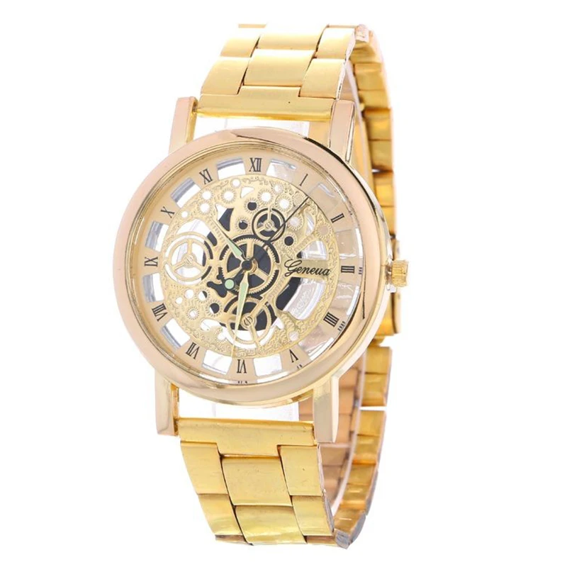 Nice Brand luxury Vogue Casual Men Watch Gold Wristwatch Classic Style Mesh Belt Quartz Watches Engraving Hollow Design Women