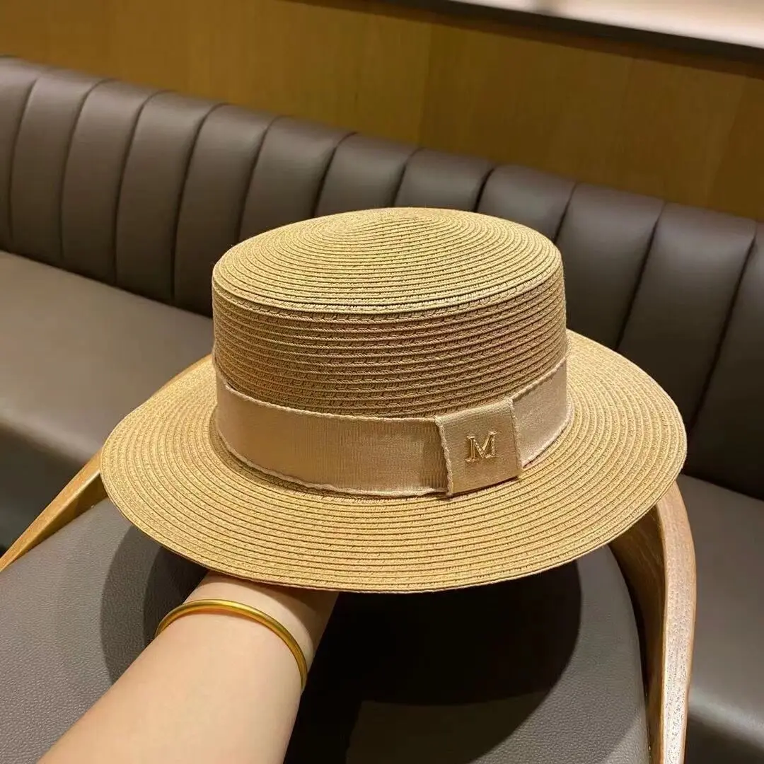 Summer Women\'s Boater Beach Hat Wide Side Female Casual Panama Hat Lady Classic Flat Bowknot Straw Sun Hat Women Fedora Letter M