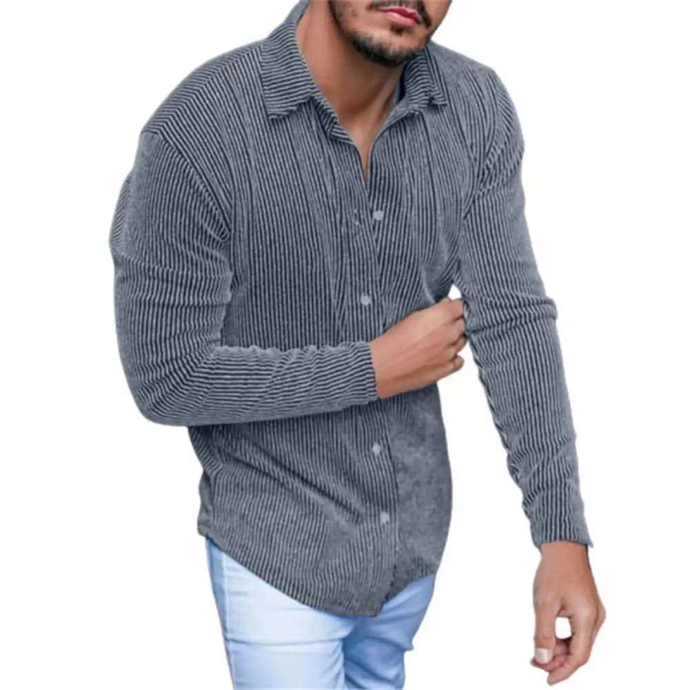 

Elastic Solid Color Shirt Turn-down Collar Long Sleeve Stripe Male Top for Daily Wear