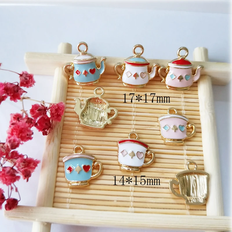 10pcs Enamel Tea set Charms Pendants Oil Drop Teacup Teapot Metal Charms Earrings Bracelet Floating Fit DIY Jewelry Accessories