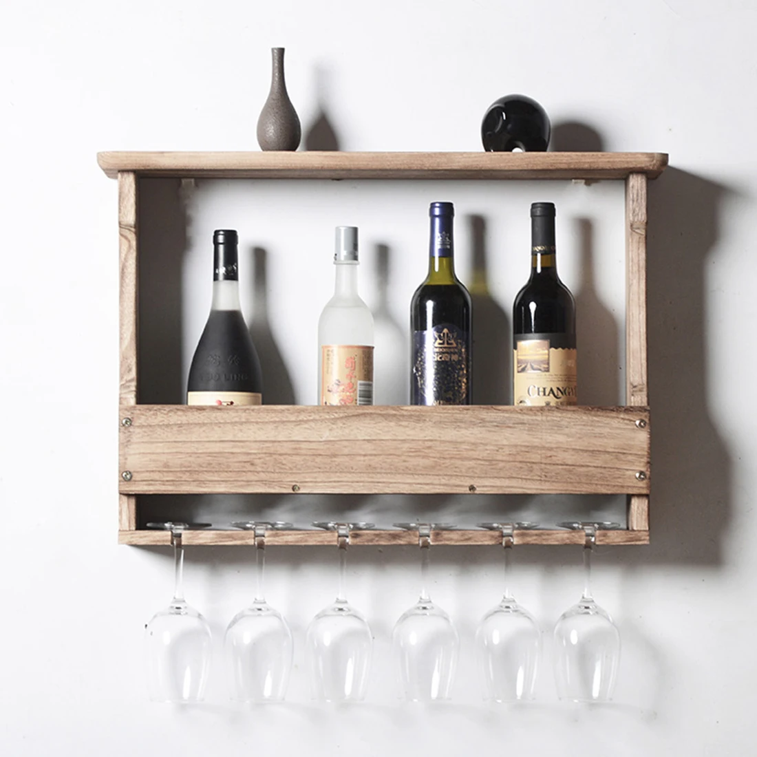 

Wooden Wall Mounted Wine Glass Holder Wine Bottle Storage Rack Storage Stand Home Organizer Kitchen Shelf - Light Color