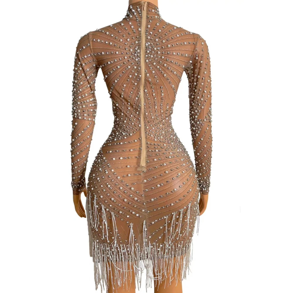 Shining Tassel Rhinestones Dress Women Asymmetrical Turtleneck Long Sleeve Nightclub Dance Show Wear Party Drag Queen Costume