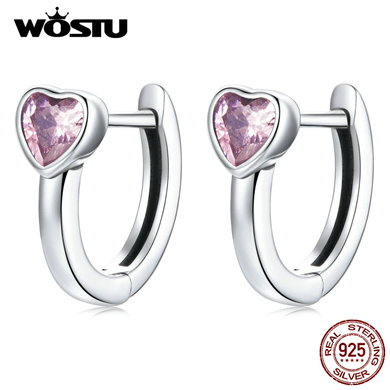 WOSTU 925 Sterling Silver Pink Heart Stud Earrings Ear Buckles Heart-Shaped Earrings For Women Fine Silver Jewelry