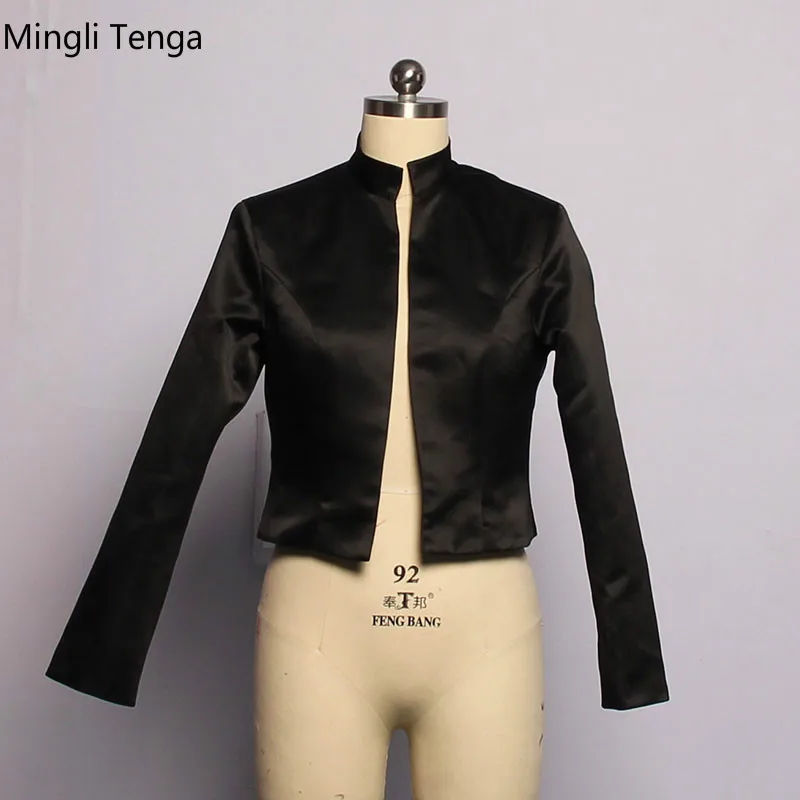 Mingli Tengda Navy Long Sleeves Stola Wedding Coat Bolero Jaket Women Capes Stain Bridal Black Cloak Shawl High Neck Custom Made