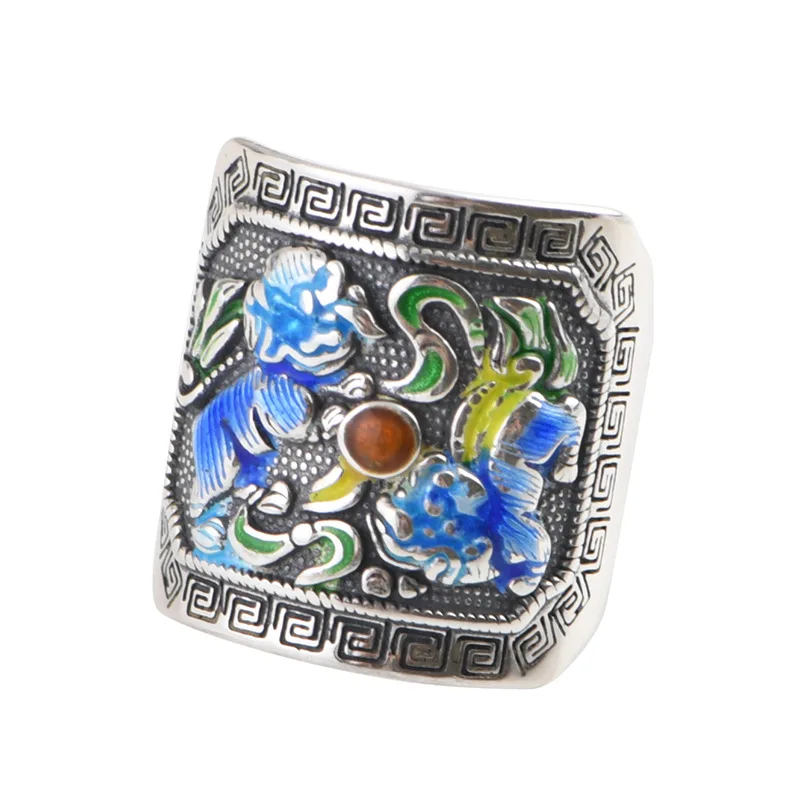 

BOCAI New S925 Silver Jewelry burnt blue vintage lion hydrangea wide version trendy woman ring