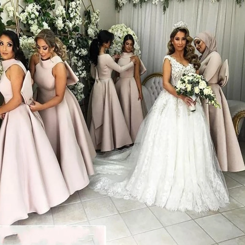 Beauty Pink Bridesmaids Dresses Long Bow Wedding Party Dress Maid of Honors Bridesmaids Dress Custom Made BZ17