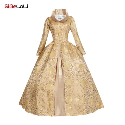 Altın çiçek baskılı ortaçağ prenses elbise, kraliçe Elizabeth Tudor brokar, gotik victoria balo, tiyatro kostüm