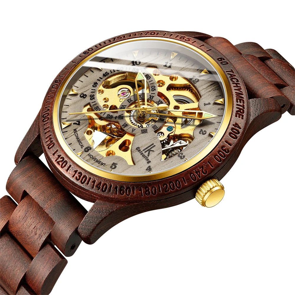 Classic Fashion Wooden Men Automatic Mechanical Watch Wooden Strap  Skeleton Transparent Sport male WristWatch Relogio Masculino