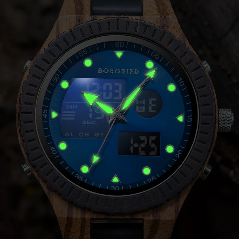 Quarzt Digital Dual Display BOBO BIRD Wooden Watch Luminous Hand Fashion New Design Timepiece relogio masculino with Box