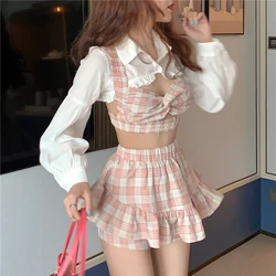 W koreańskim stylu na lato moda strój seksowna krótka koszula z falbankami Plaid Bow Suspender Mini elastyczny, wysoki spódniczka z wysokim stanem wakacje trzyczęściowy zestaw