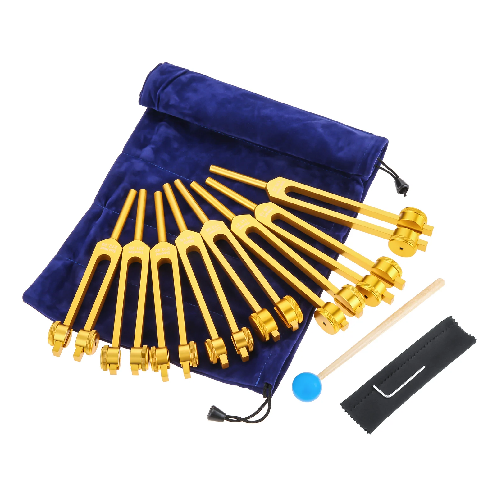 

9pcs/set Golden Chakras Soul Purpose Wighted Tuning Forks Kit 7 Chakras Silicone Hammer Healing/Sound Therapy/Musical Instrument