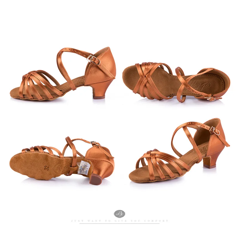 BD Kids Dance Shoes 603 Satin Sandal Girls Latin Dancing Shoes pro Soft Sole 2 kinds heels  comfortable stable dark tan