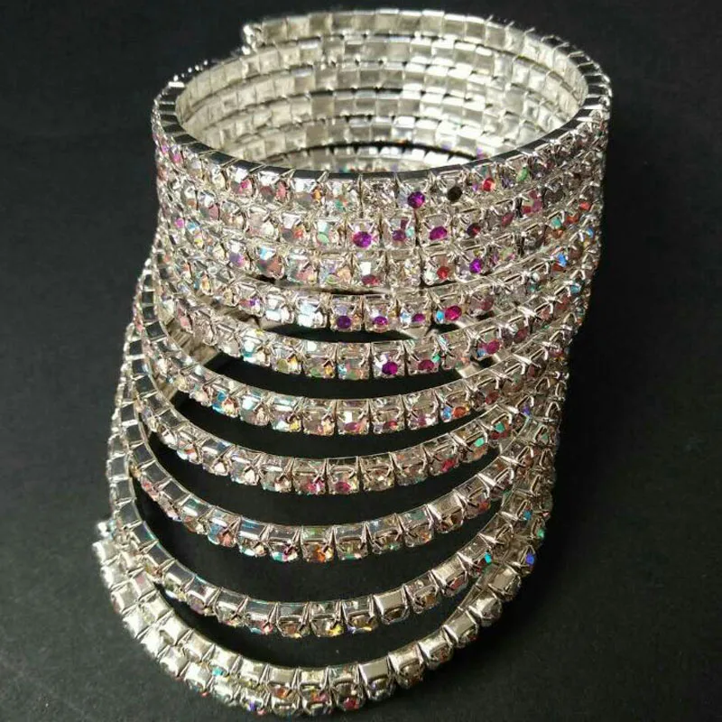 Crystal Rhinestone Bangles Silver Plated and Gold Color Bracelet Multi-row Spiral Bangle Bracelets for Women