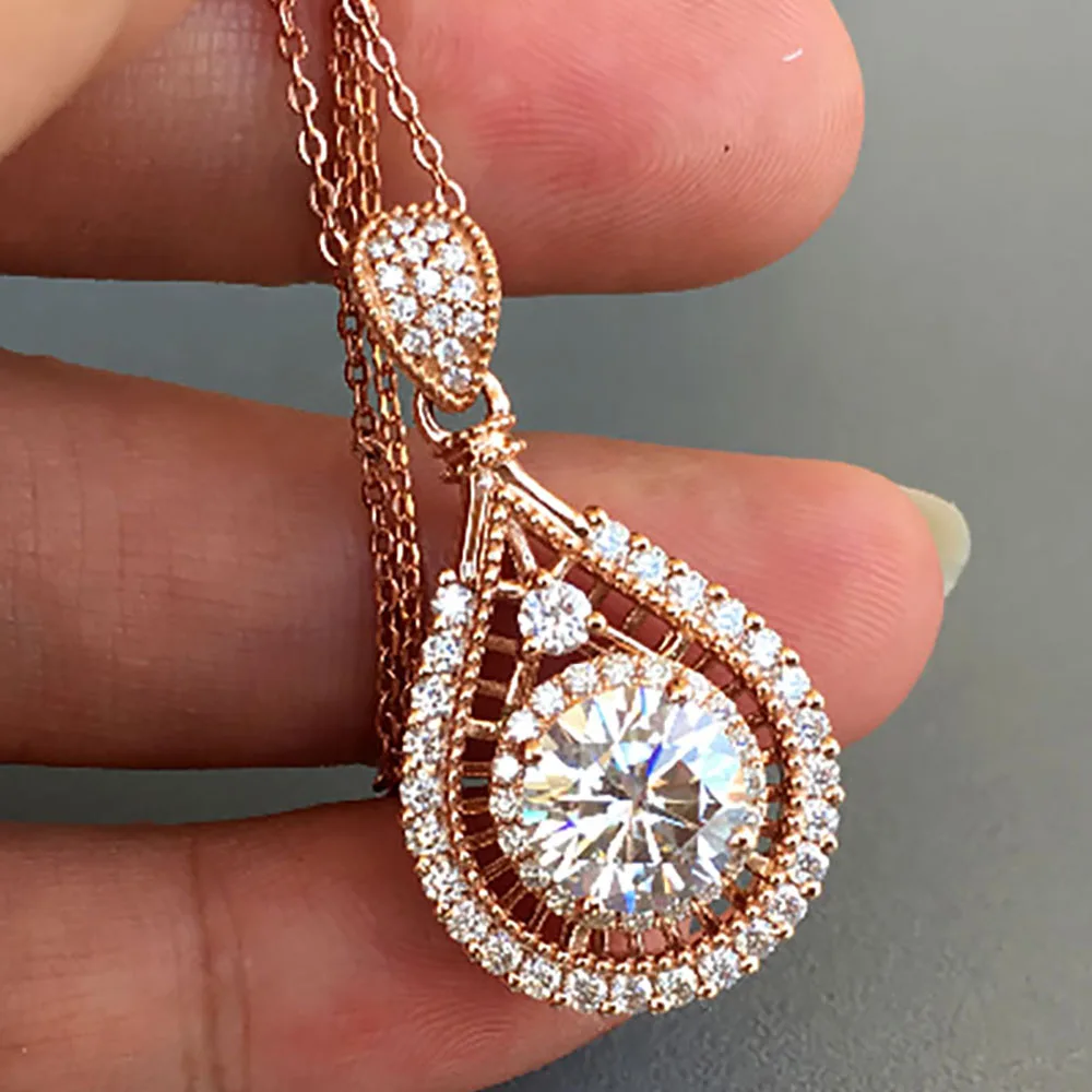 

Custom Solid 10K Rose Gold Women Pendants Necklaces Moissanite Diamond 1 2 Carat Round Water Drop Wedding Anniversary Engagement