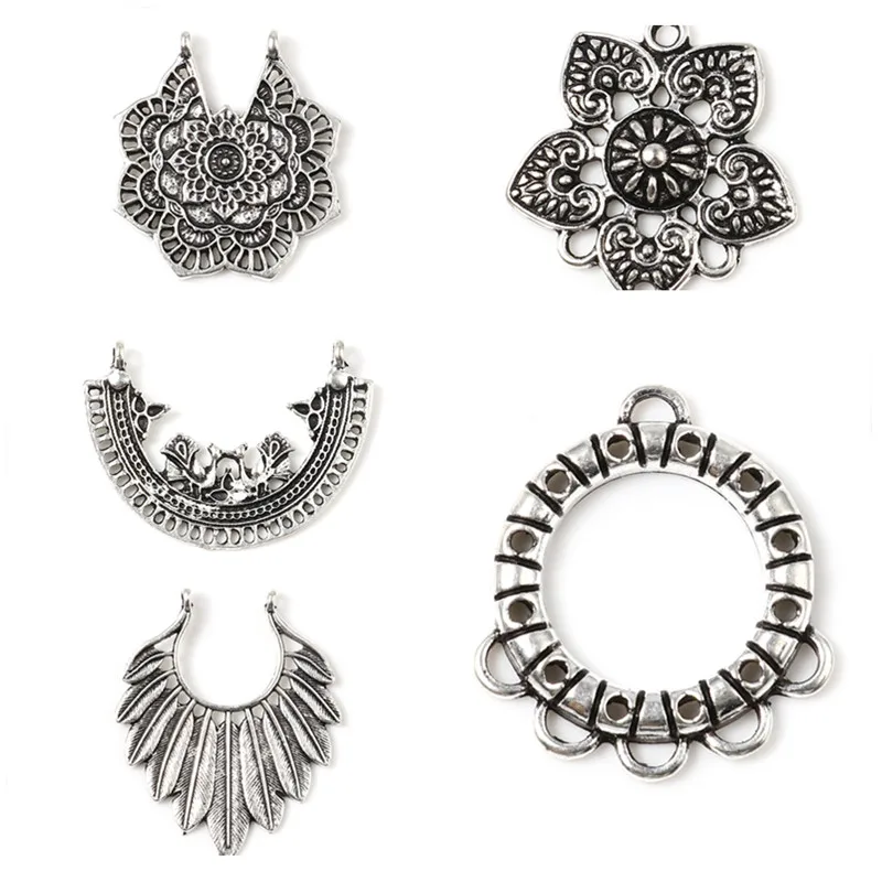 Bohemian Connectors Arc Flower Antique Silver Color Filigree Charms DIY Making Earrings Necklace Vintage Jewelry Findings,10PCs