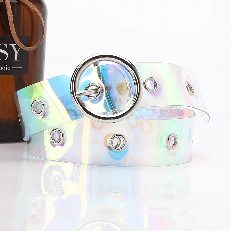 Women\'s Belts Transparent Laser Colorful Holographic Waistbands Round Love Metal Pin Buckle Belt Fashion Casual Punk Decoration