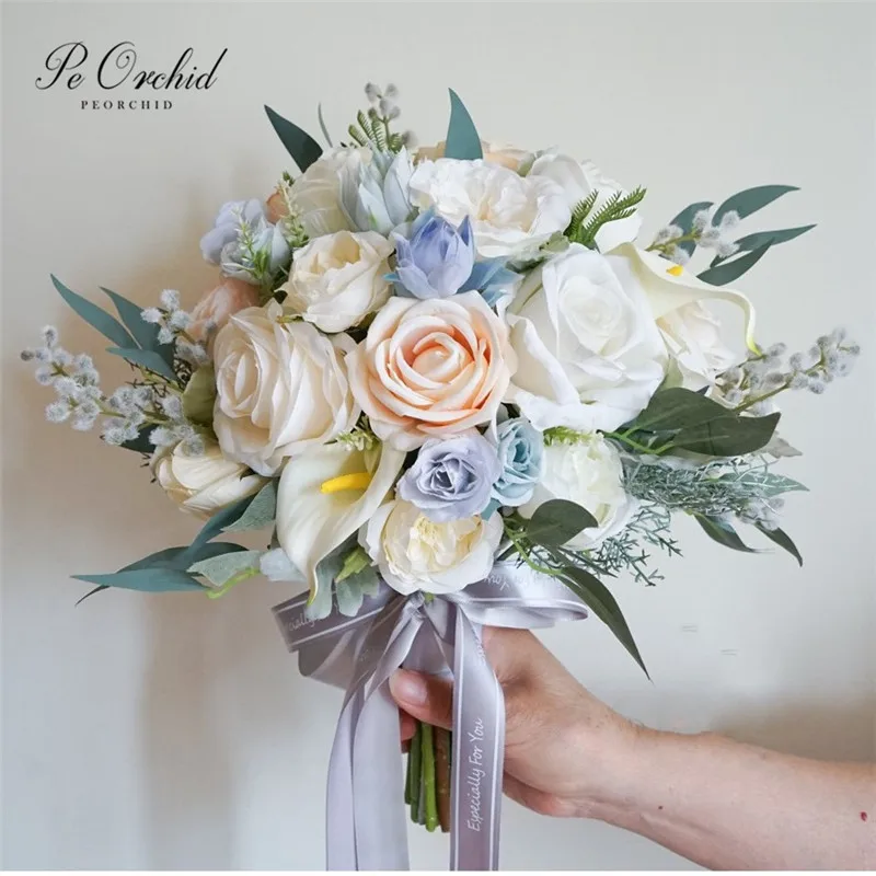 

PEORCHID Luxurious Wedding Bouquet De Roses Champagne&Blue&White Ramo Flores Artificiales Bride Flower Peony Bridal Bouquet