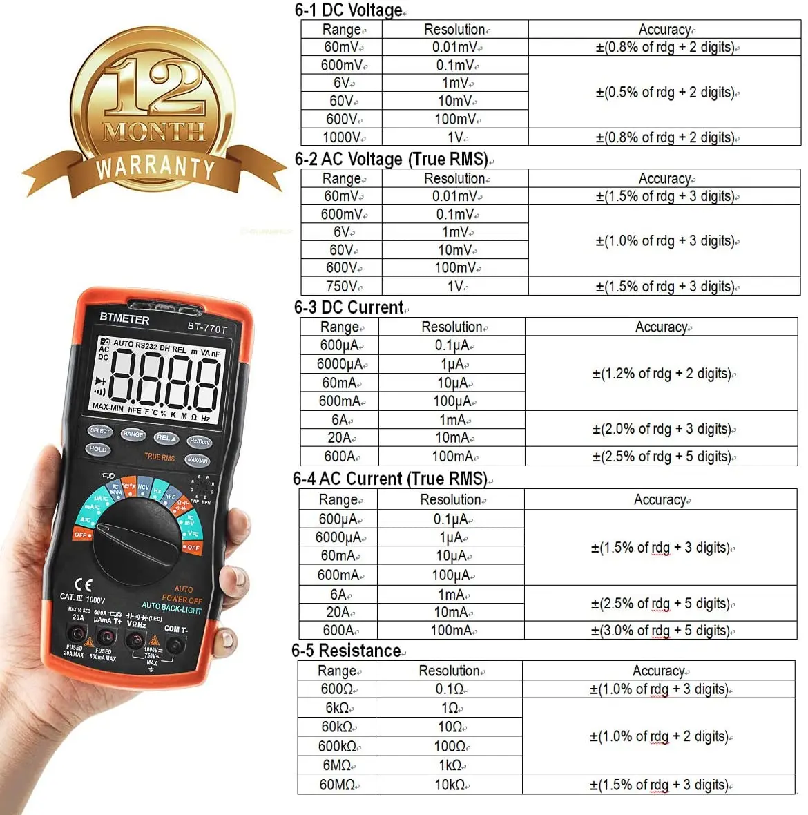 Imagem -05 - Verdadeiro Rms Multímetro Digital Tester 6000 Contagem ac e dc 20a Ohmímetro Voltímetro Multímetro para Medir a Tensão e Corrente Bt770t