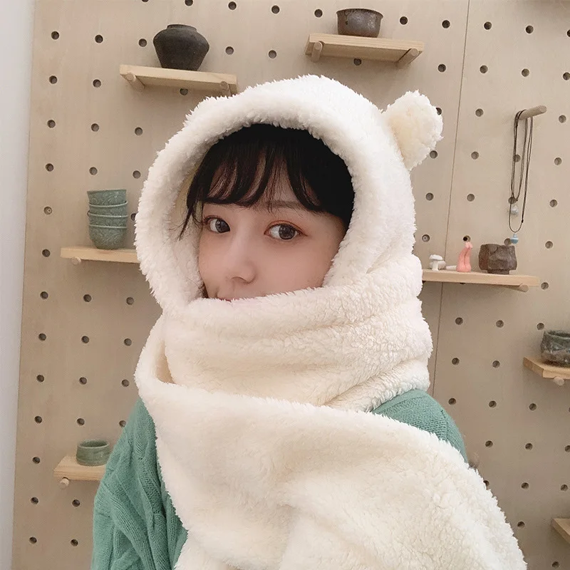 

High Quality Women Winter Warm Hat Scarf Pullover Cap Cute Bear Ear Plush Hat Plus Velvet Thickening Ski cap 3 Colors