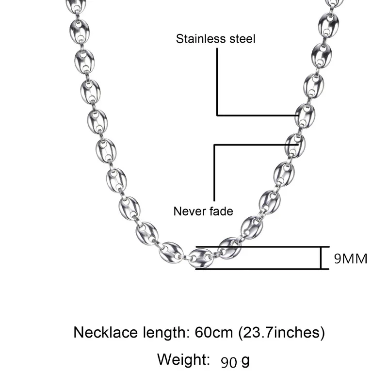 HIP Hop Width 7MM 9MM 11MM Stainless Steel Gold Silver Color Coffee Beans Link Chain Necklace Chain For Men Jewelry