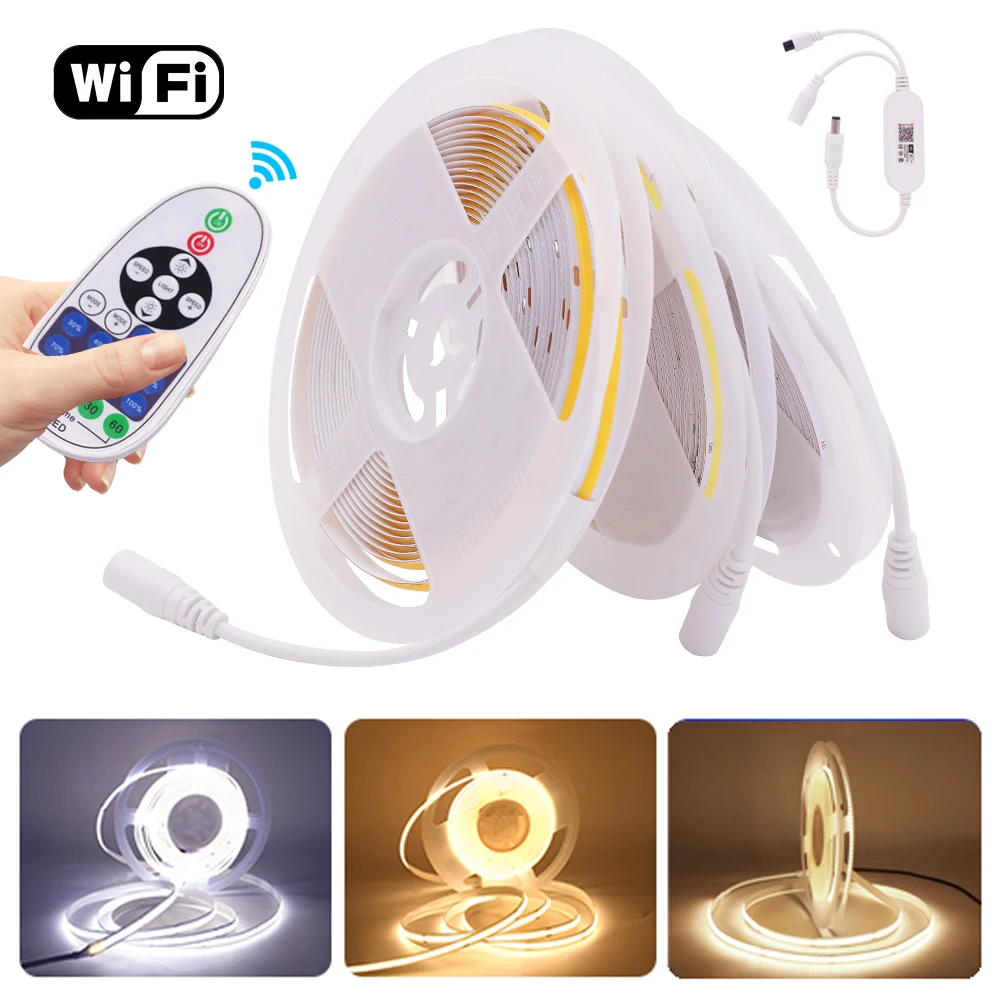 12V Wifi LED COB Strip Light Dimmable Power Kit US EU UK Remote Control 320LED 528LED 384LED Linear Lighting Flexible Led Tape