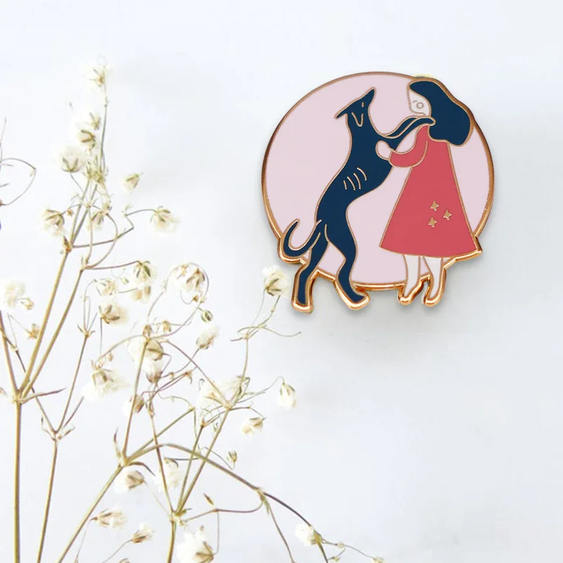 Girl and Her Black Greyhound Enamel Pin Dog Pet Lovers Cute Decoration on Hat Bag Jacket