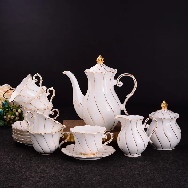 Gold Inlay Bone China Coffee Set Europe Porcelain Tea Set Ceramic Pot Creamer Sugar Bowl Teapot Coffee Cup Tea Mug Coffeeware