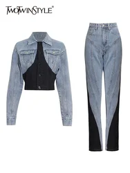 TWOTWINSTYLE Hit Farbe Patchwork Denim Zwei Stück Sets Frauen Langarm Mantel Jacke Weibliche Hohe Taille Bleistift Hosen Jeans 2022