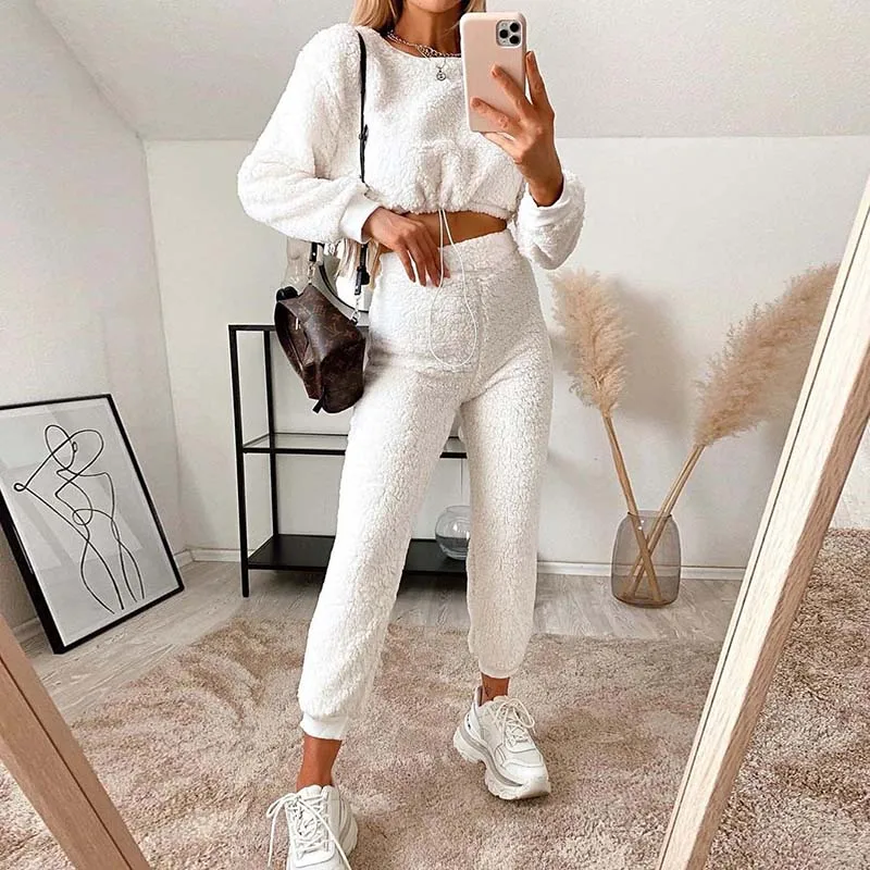 Casual Furry Crop Sweatshirt Top And High Waisted Joggers Women Pants Two Piece Set Tracksuit Women Outfits Autumn Winter Female