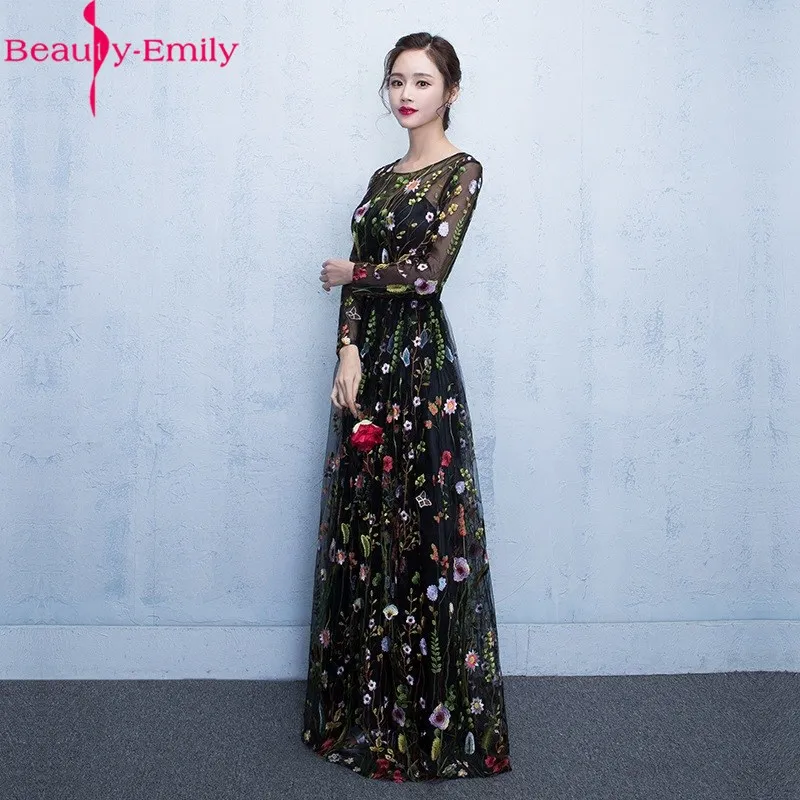 

Elegant Black Floral Long Sleeve Appliques Evening Dress 2019 Floor Length Zipper Back Illusion Formal Prom Dresses