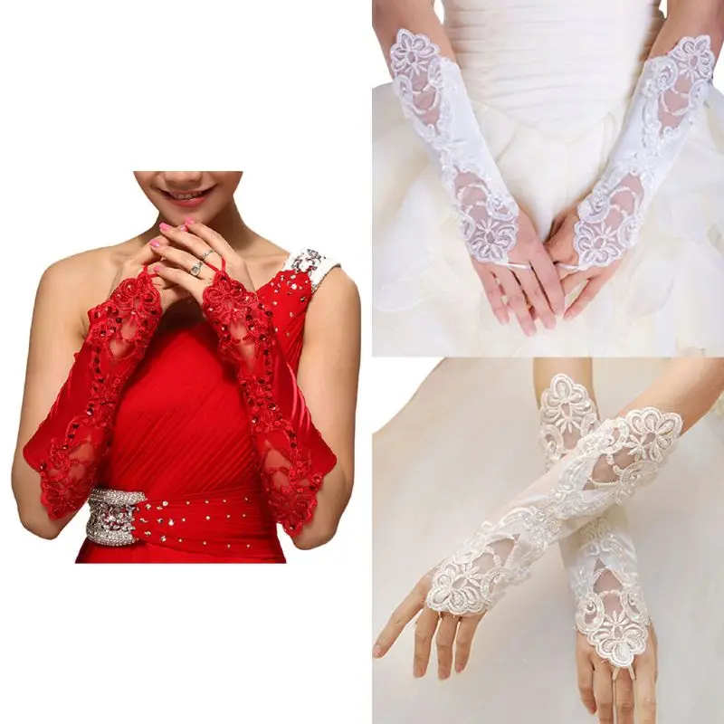 1 Pair Women Bridal Long Gloves Fingerless Lace Glitter Sequins Solid Color Length Mittens Hook Finger Wedding Party