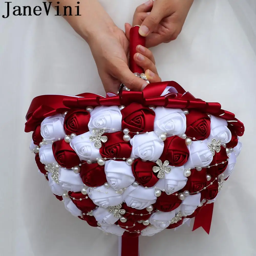 JaneVini 30CM Besar Pernikahan Karangan Bunga Merah Tua Bunga Pernikahan Karangan Bunga Pengantin Mewah Kristal Mutiara Manik-manik Berlian Imitasi Pengantin Rose