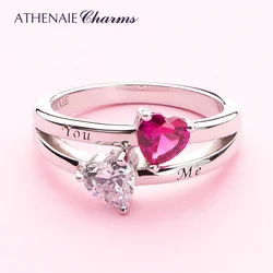 ATHENAIE 925 Sterling Silver Clear & Cerise Pink CZ Two Sparkling Hearts You and Me Rings for Women Wedding Finger Ring Jewerly